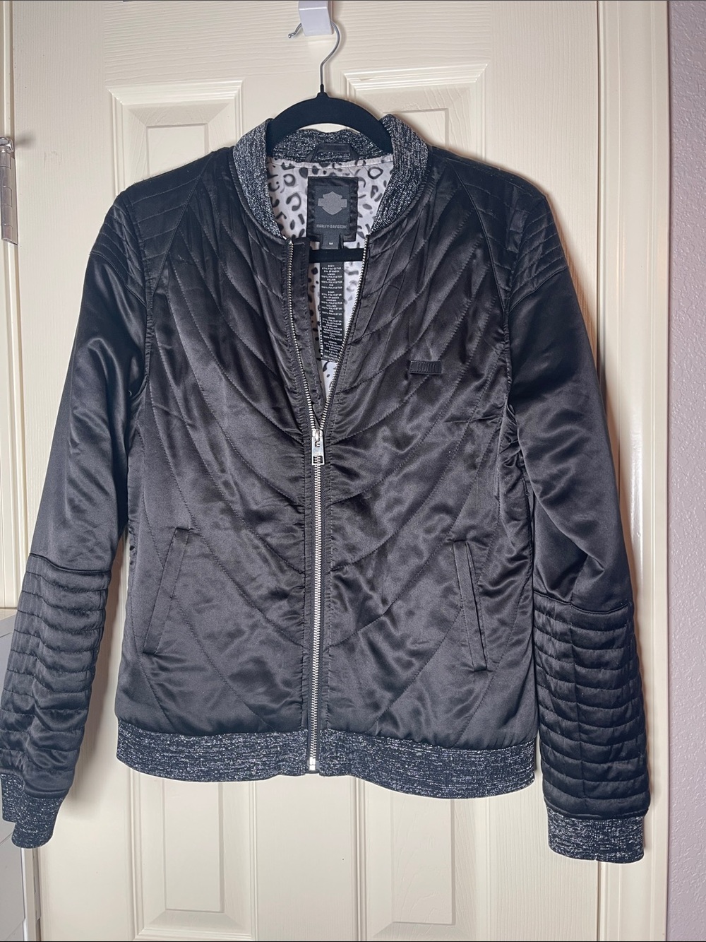 Harley-Davidson Black Quilted Bomber with Gray Ribbed Trim and Leopard Lining